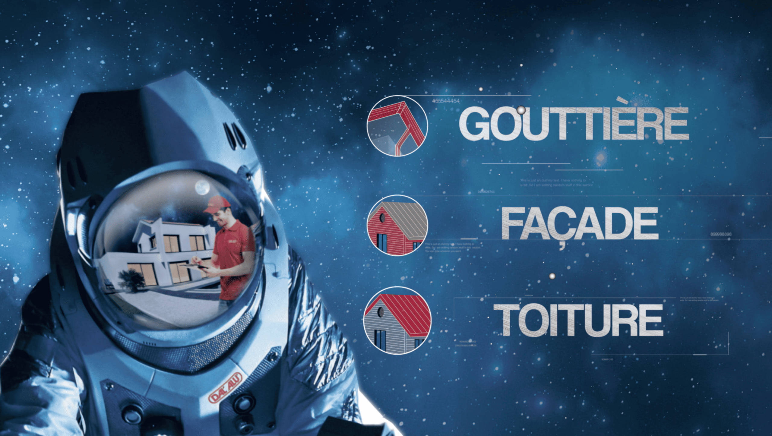 Astronaute avec logo GOUTTIÈRE, façade et toiture en arrière-plan.