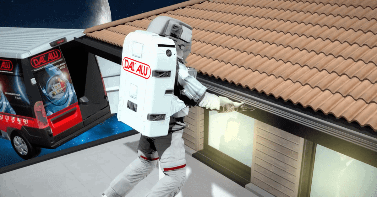 Astronaute en combinaison spatiale devant une maison, en train de faire une inspection.