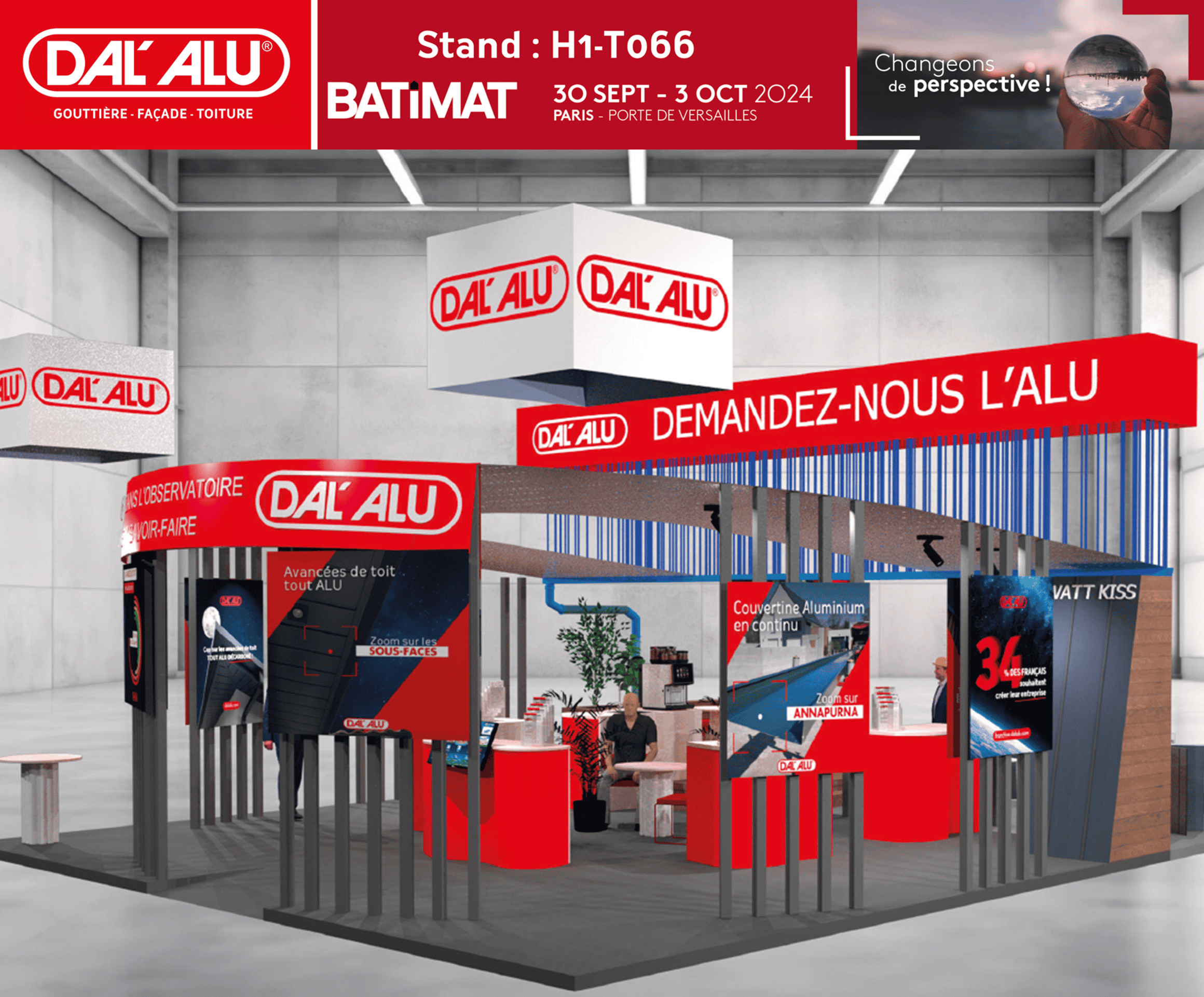 Stand DAL'ALU à BATIMAT 2024 avec affichages et espace d'accueil.
